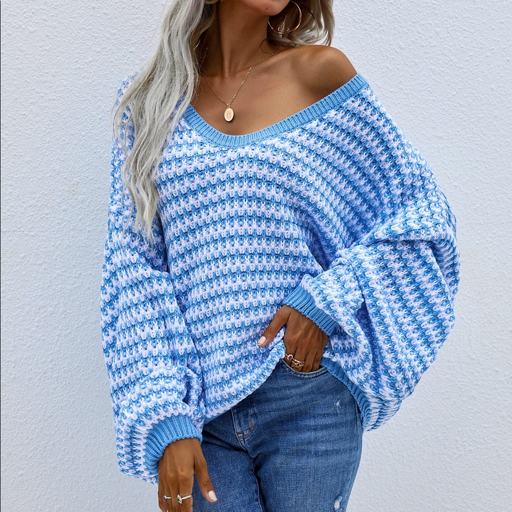 Lake Blue V Neck Loose Fit Sweater